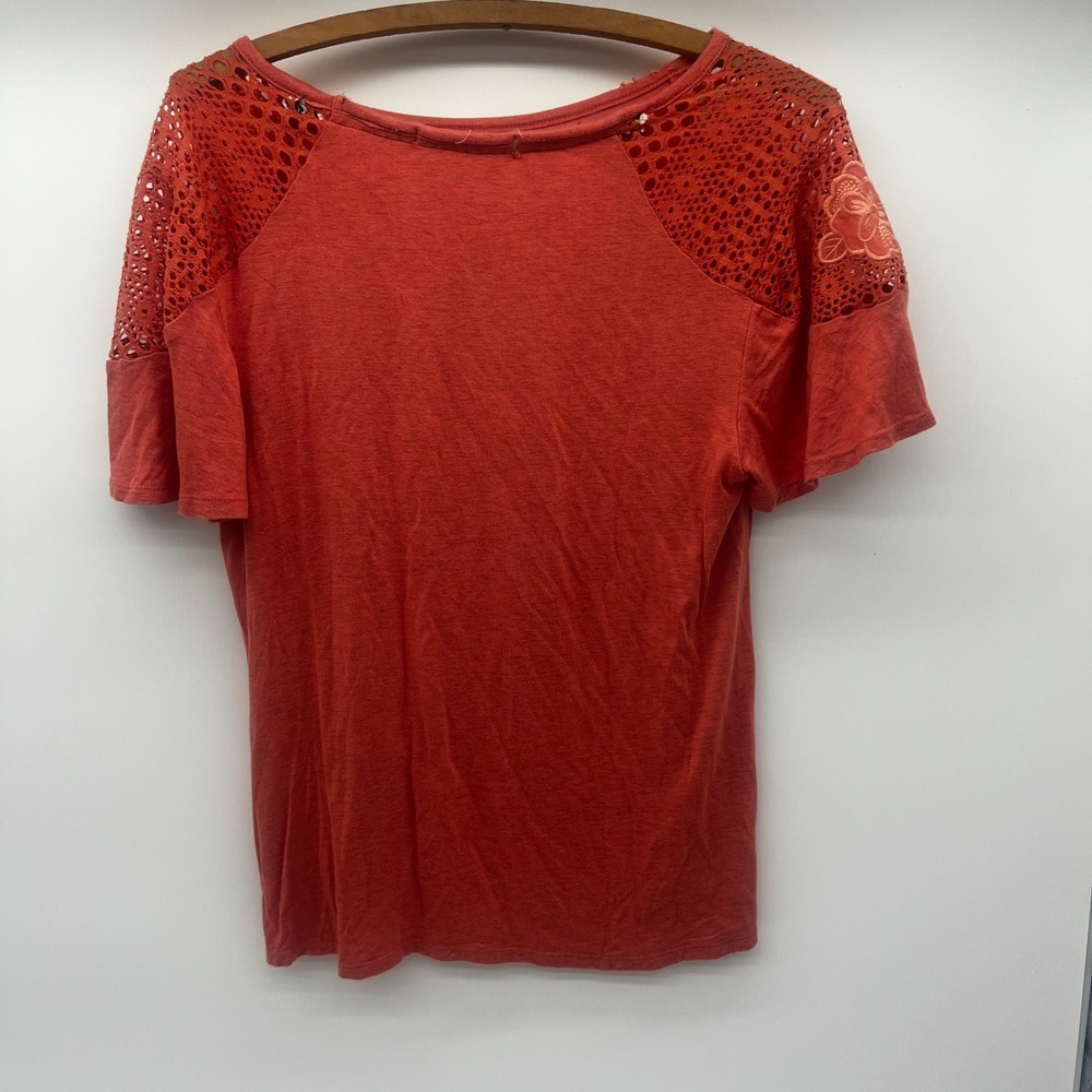 Rewind Womens Rust Orange Crochet Lace Floral Shoulder Knot Front Top Medium - Picture 2 of 10
